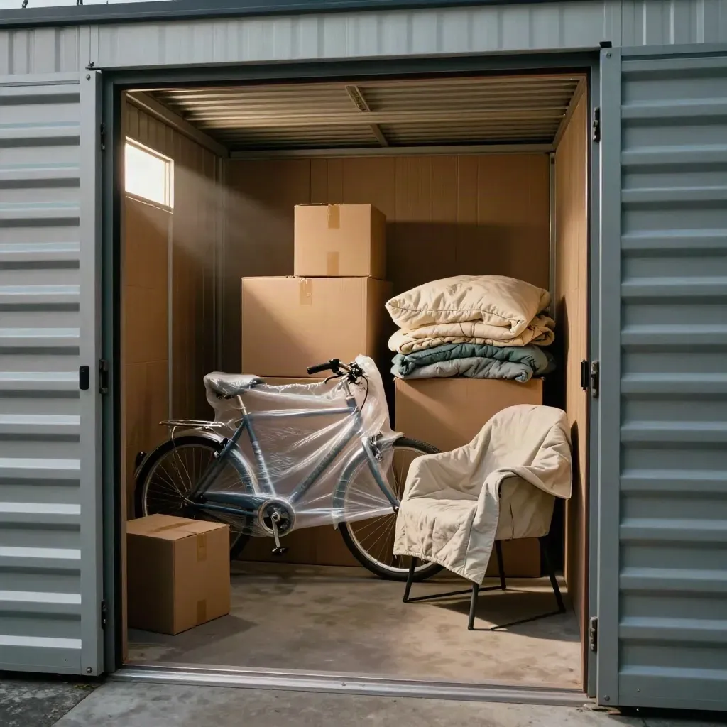 Opgeruimde selfstorage-unit met ingepakte fiets, verhuisdozen, dekbedden en een afgedekte stoel