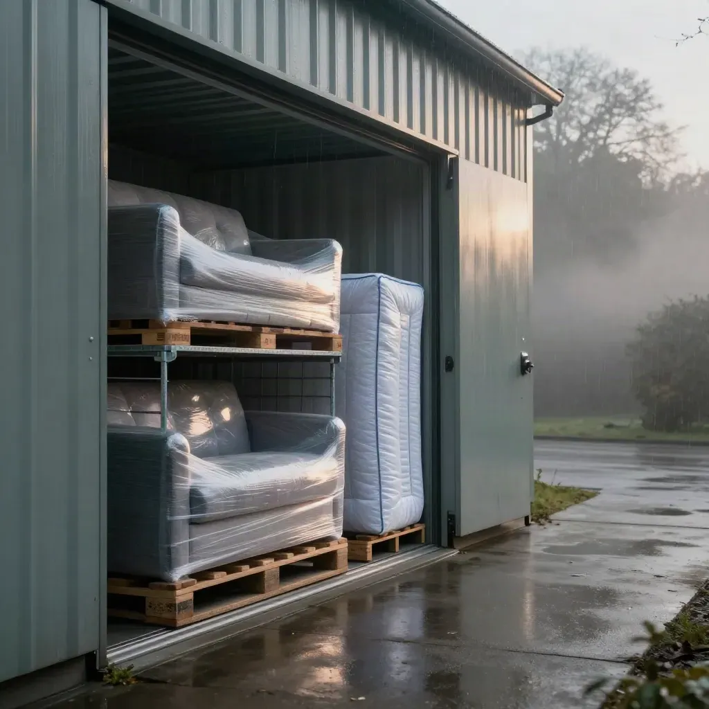 Opslagcorridor met ingepakte meubels, archiefkratten en palletkooi in mistig ochtendlicht