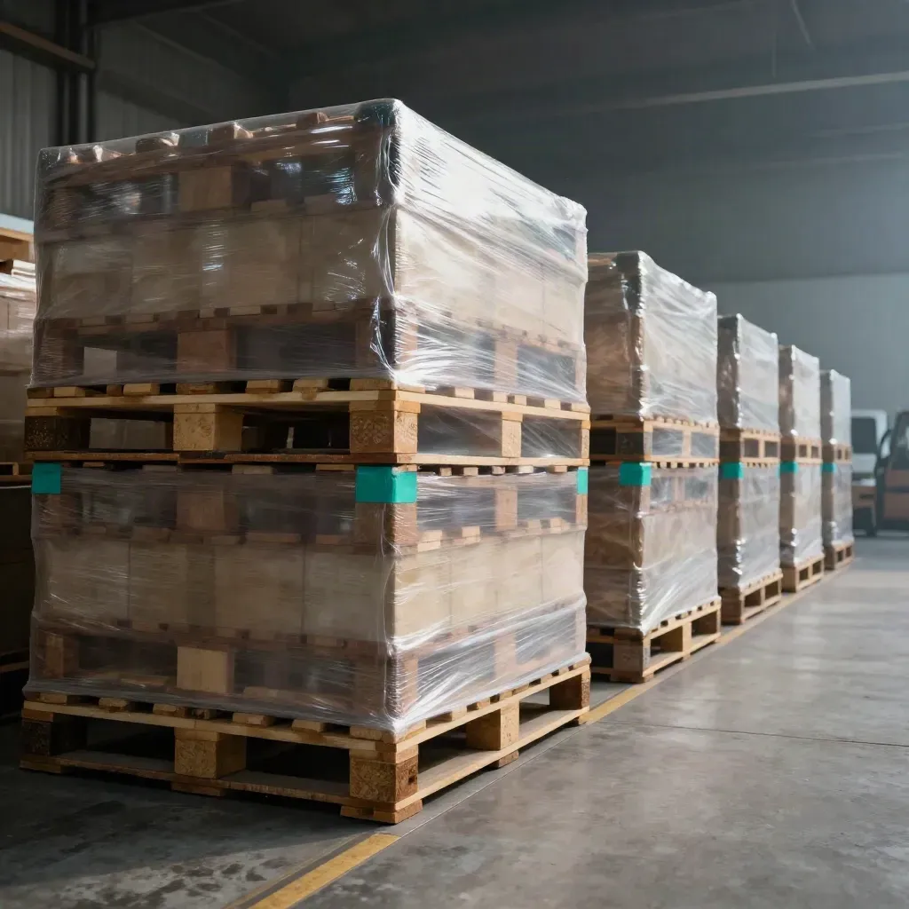 Shrinkwrapped pallets in een laadstrook, met houten palletdragers en een teal accent.