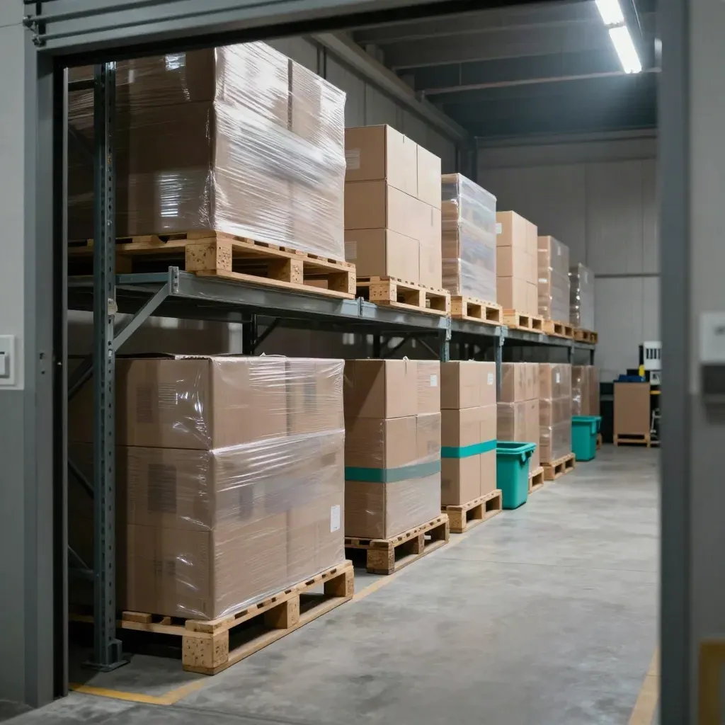 Georganiseerde e-commerce opslag met krimpfolie, stellingen en een lege gang.