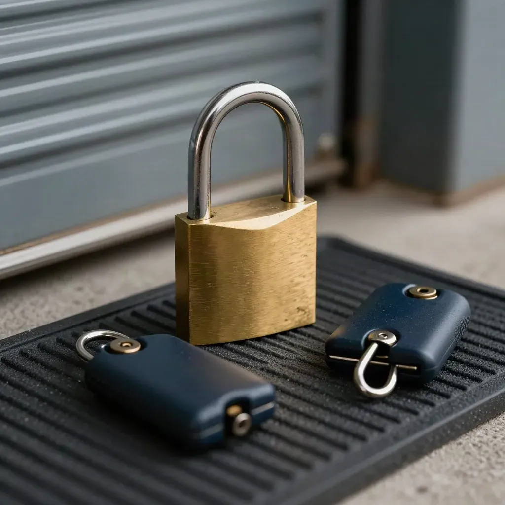 Brass padlock, toegangsfobs en cilinder op een donkere rubbermat in een opslagruimte.