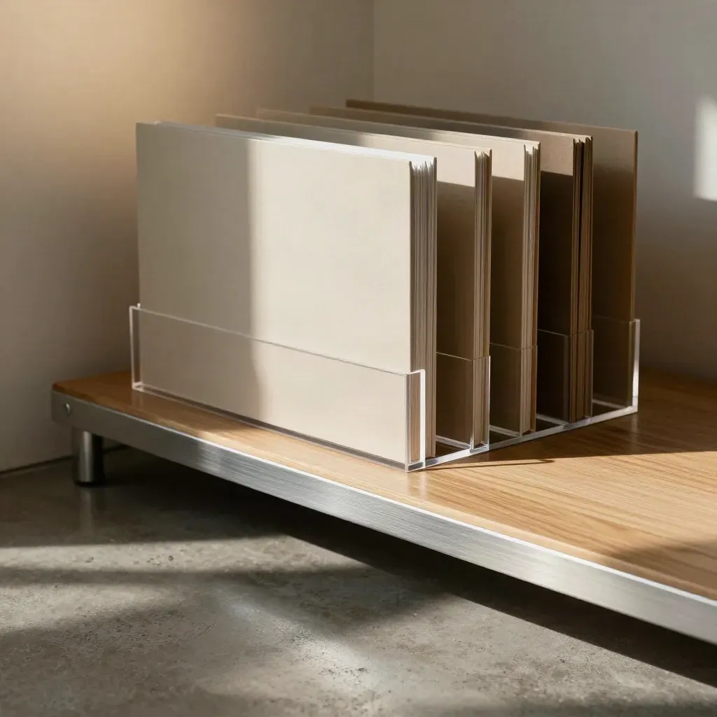 Compacte kantoorhoek met open plank, displays en kale werktafel; vloer weer vrij.