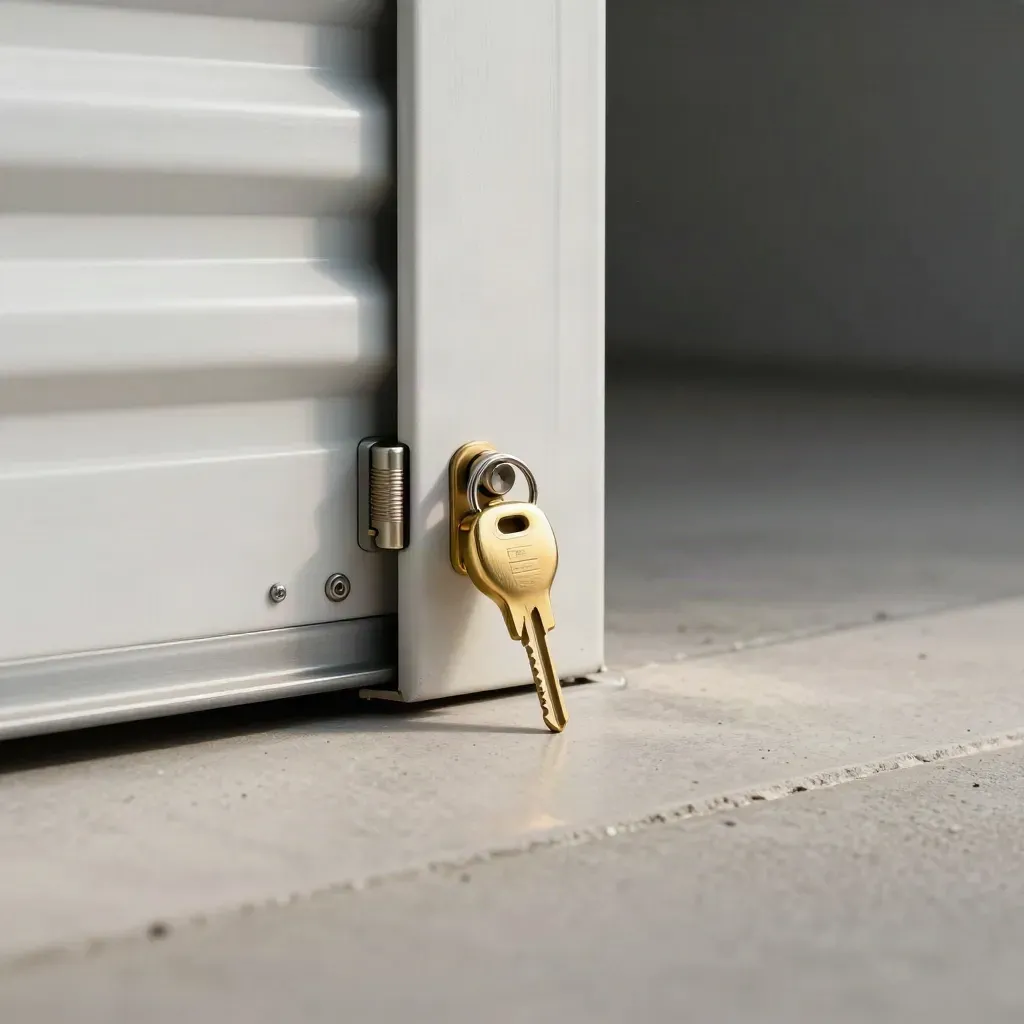 Brass sleutelhanger naast slot en halfopen roldeur in zachte witgrijze setting