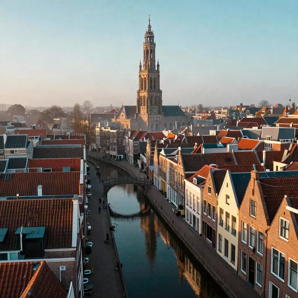 Uitzicht op de Domtoren boven Utrechtse grachten in warm avondlicht en zachte mist